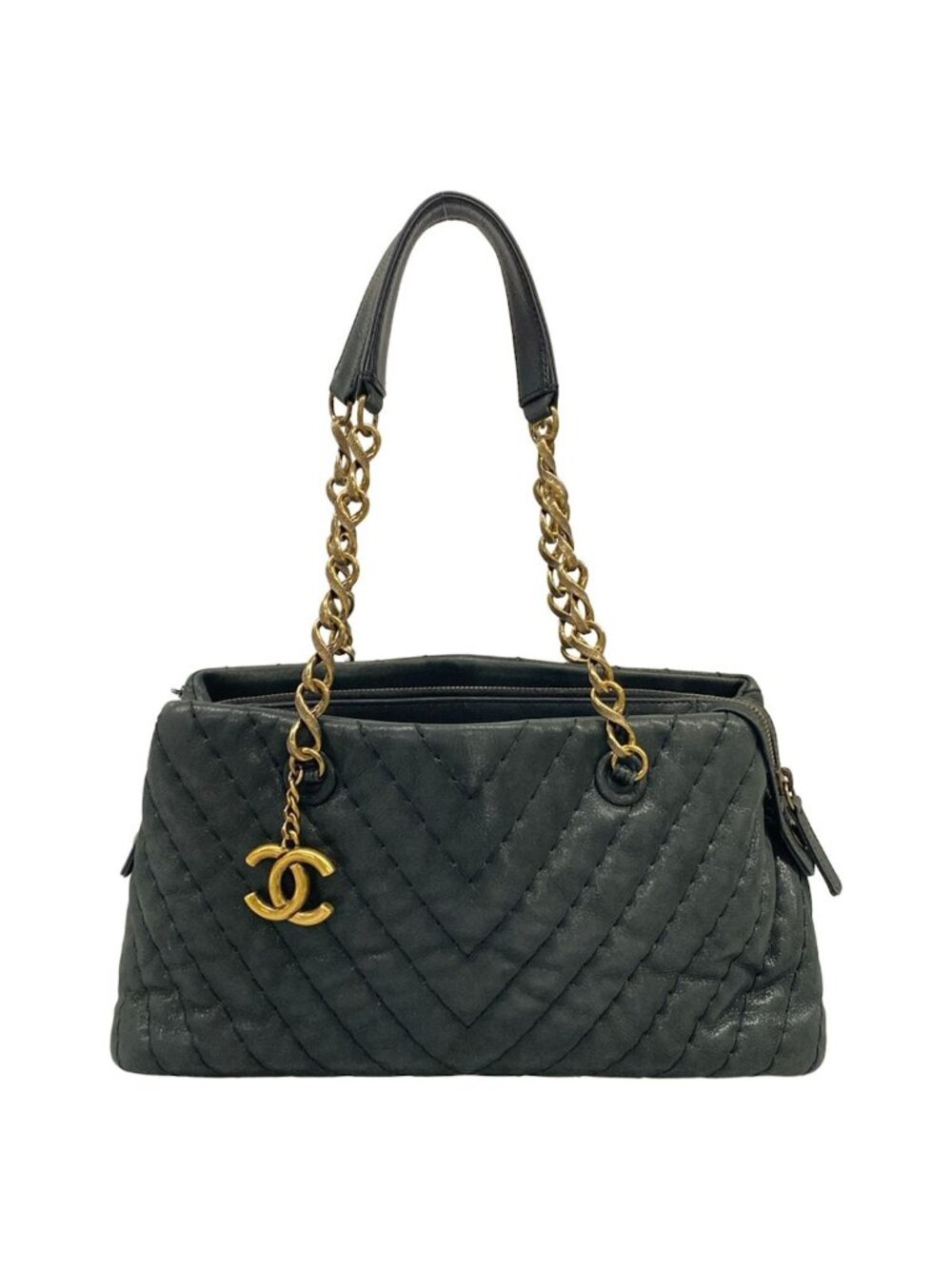 Chanel Tote Bag V-stitch Navy Chain Shoulder Vintage Gold Leather